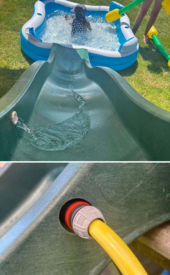 A child playing in a small pool, next to a water slide, depicting a fun home renovation for kids.
