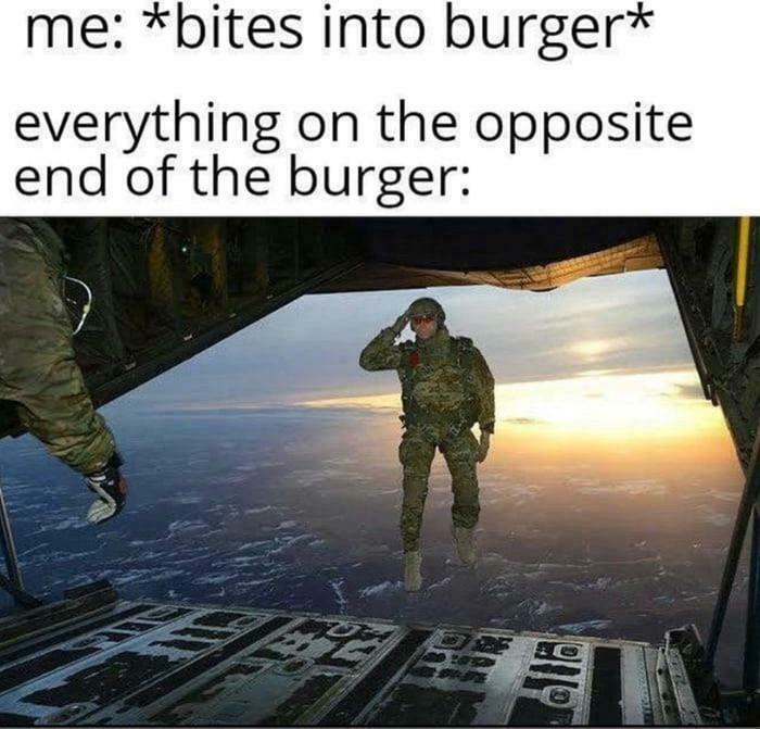 A funny random joke meme about a burger and a paratrooper jumping out of a plane at sunset.