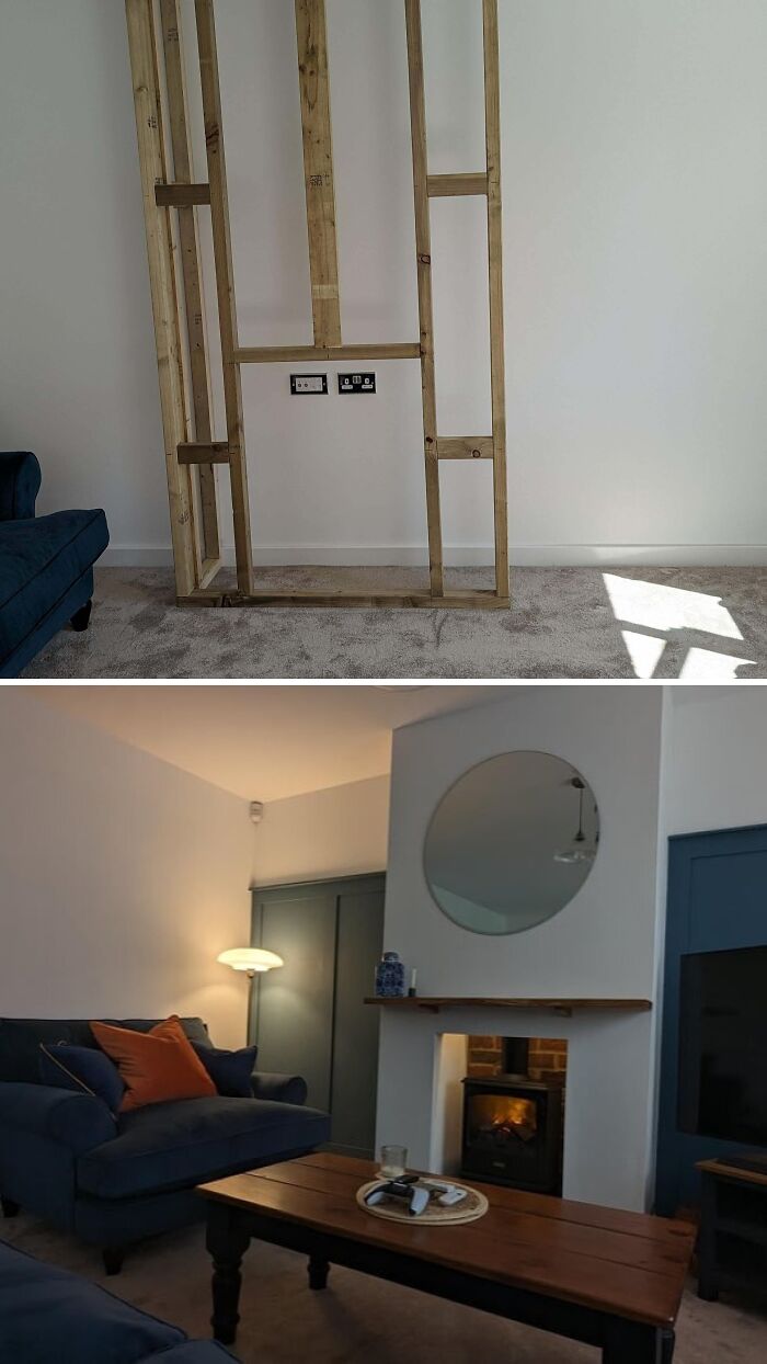 Before and after home renovation, showing a wooden frame for a feature wall and then a completed living room.