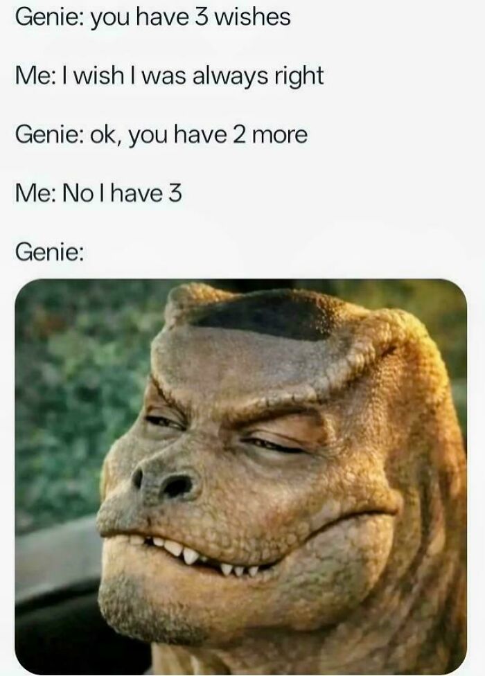 A meme with a genie, a wish about being right, and a dinosaur, among 75 random jokes.