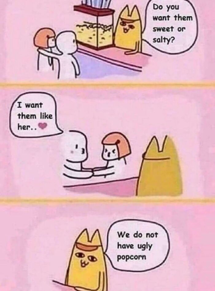 A comic strip meme about popcorn and an insult, one of 75 random jokes for a laugh.