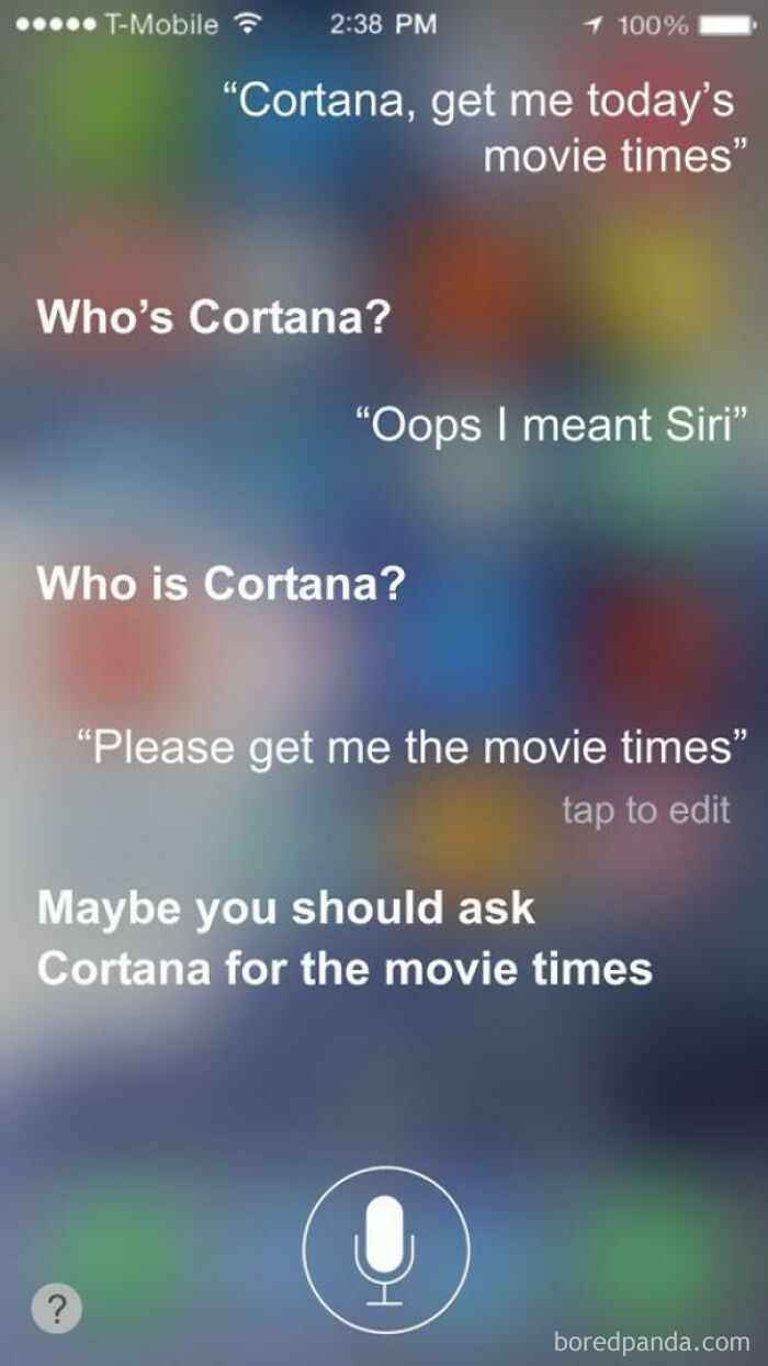 Funny text exchange showing Siri hilariously responding to a user who keeps confusing her with Cortana.