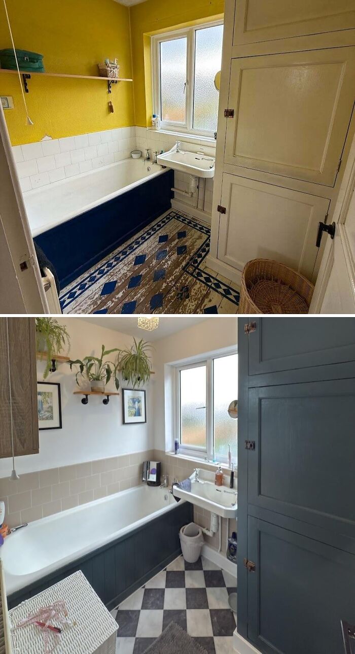 Before and after image of renovating homes themselves, displaying a bathroom with a blue tub and yellow wall, updated with a navy tub and neutral tones.