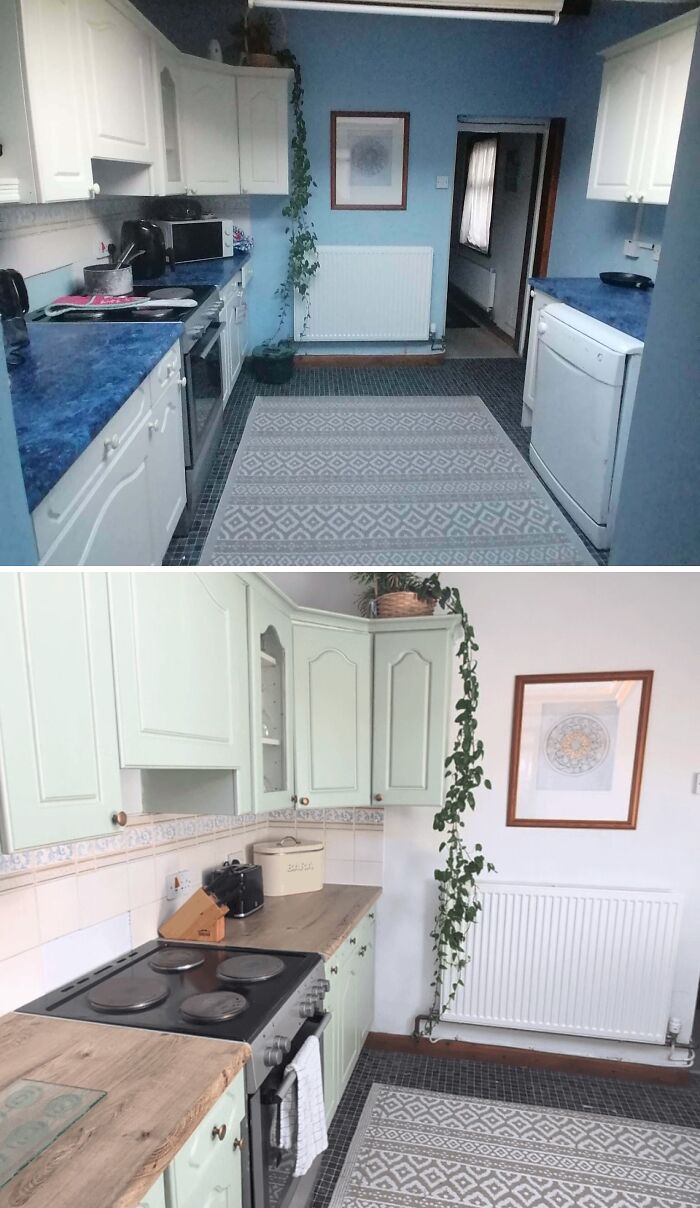 Before and after image of renovating homes themselves, featuring a kitchen with blue counters and walls, transformed with green cabinets and beige walls.