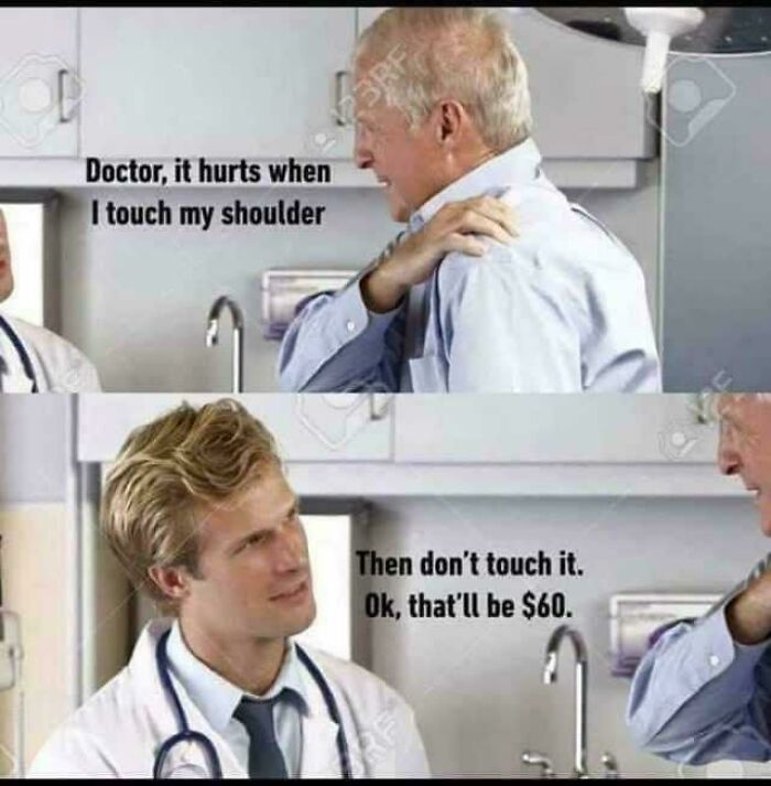 A doctor and patient meme about shoulder pain, providing a laugh from 75 random jokes.