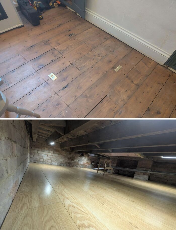 Before and after image of renovating homes themselves, showing a rustic wooden floor before and a modern wooden loft floor after.