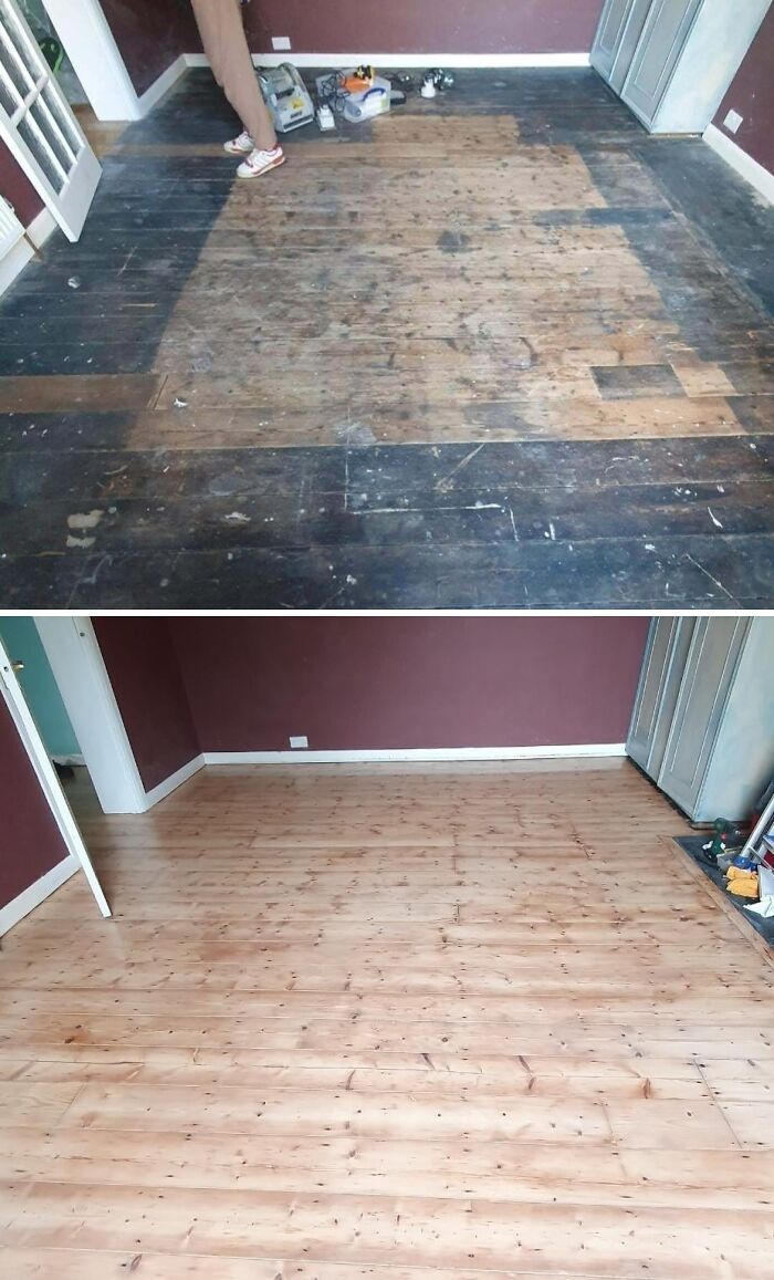 Before and after image of renovating homes themselves, showcasing a worn wooden floor transformed into a polished, light wood surface.