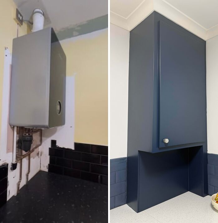 Before and after kitchen renovation of a water heater, now neatly concealed within a sleek navy cabinet.