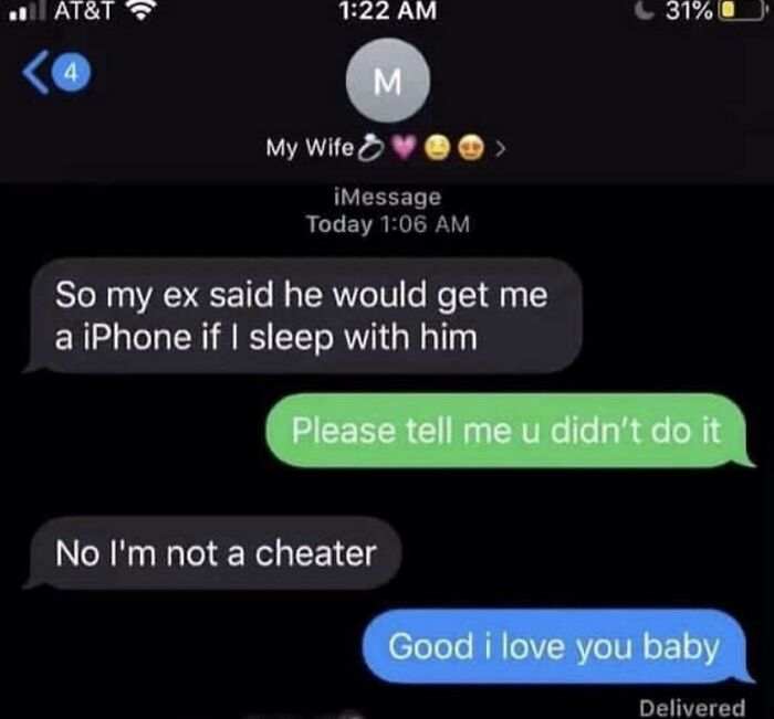 An unhinged text exchange between spouses about a fictional offer for an iPhone for sleeping with an ex.