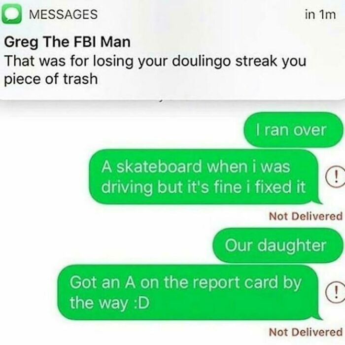 A series of fictional text exchanges including one from Greg The FBI Man about a Duolingo streak.