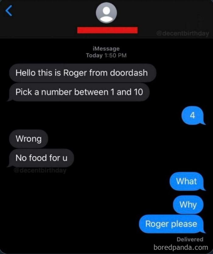 Unhinged text exchange where a DoorDash driver denies food after a number game.