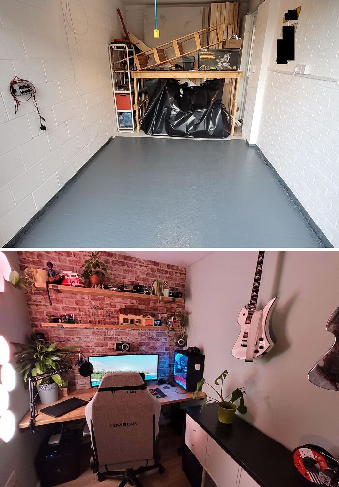 Before and after garage renovation, a cluttered garage converted into a stylish and functional home office.