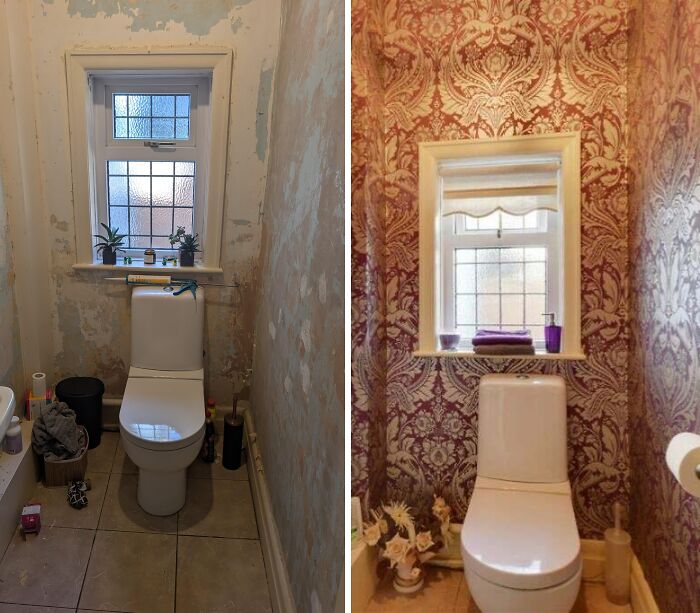 Before and after toilet room renovation showcasing peeling paint replaced by elegant, patterned wallpaper.