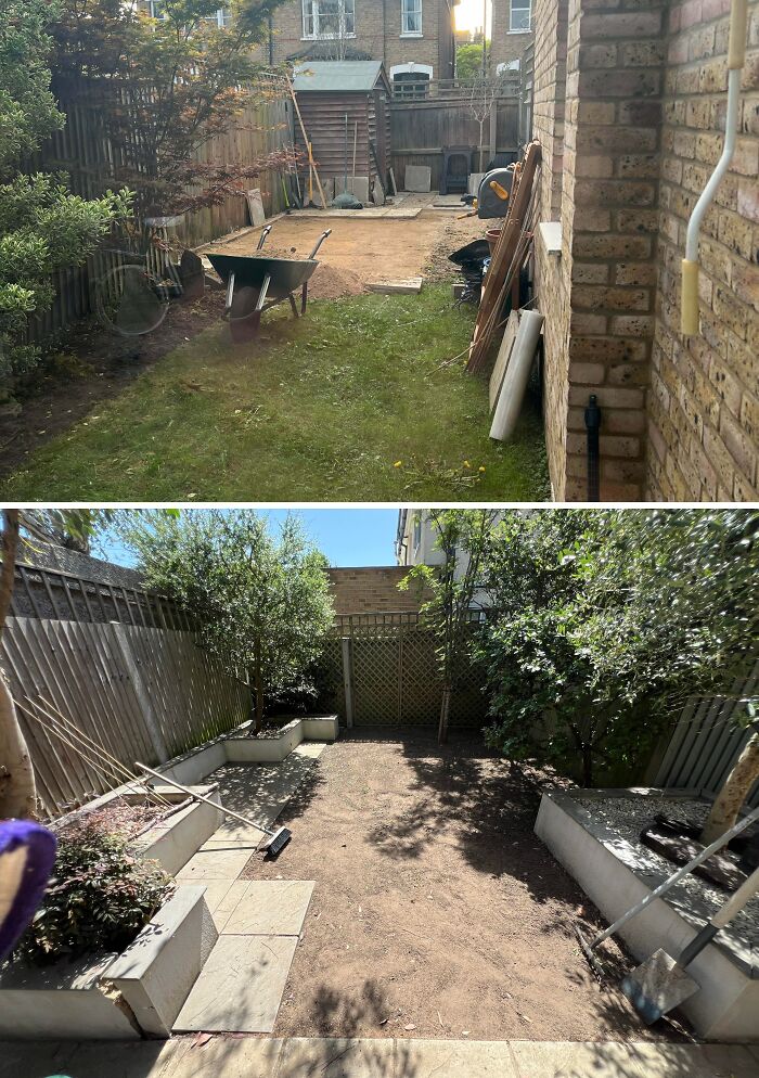 Before and after garden renovation with a messy yard transformed into a landscaped outdoor area with planters.