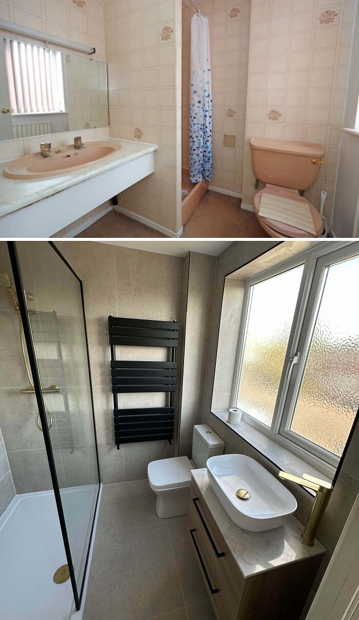 Before and after bathroom renovation showing an outdated space transformed into a modern, minimalist bathroom.