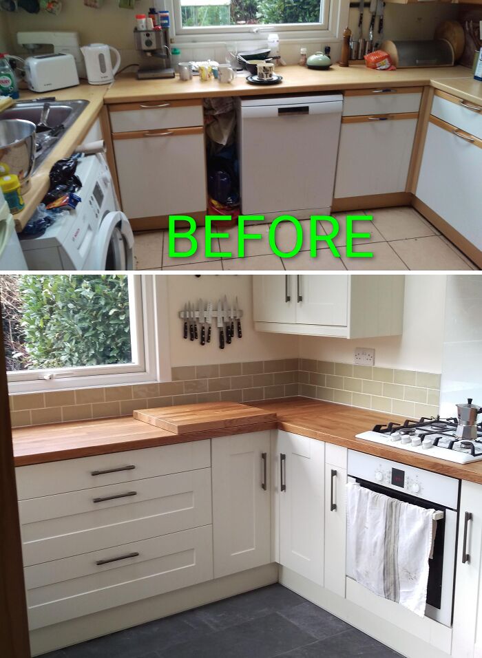 A before and after image of a kitchen, showing the incredible transformation achieved through a home renovation.