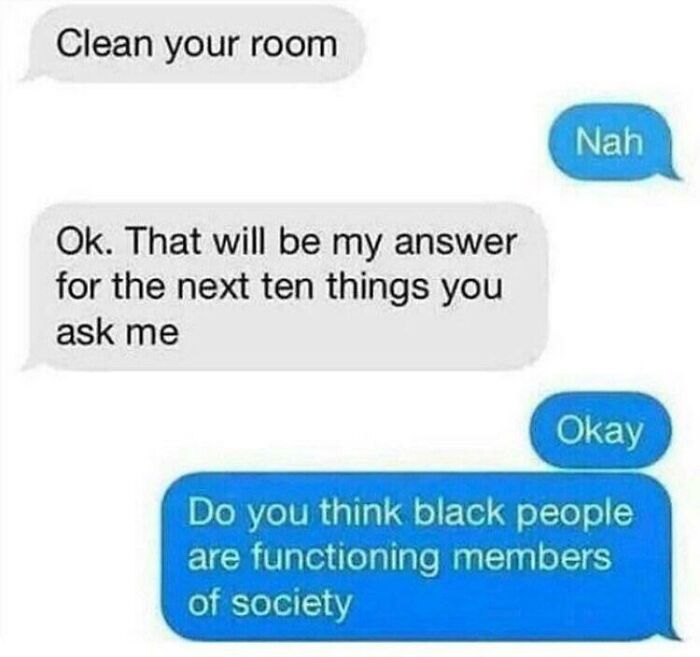 A fictional text exchange between a parent and child, where the child responds Nah to Clean your room, then agrees to answer Nah to everything.