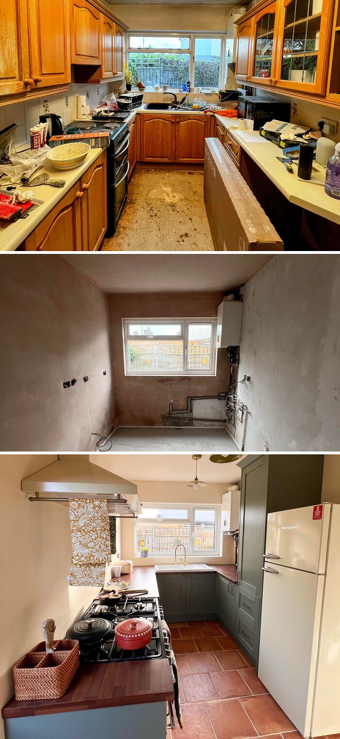 Before-and-after of a kitchen renovation, showcasing the amazing things achieved by homeowners themselves.