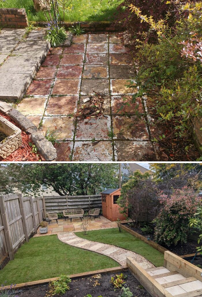 Before-and-after of a backyard renovation, showcasing the amazing things achieved by homeowners themselves.