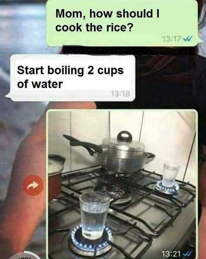 Hilarious text exchanges featuring an image of two glasses of water on a gas stove, presumably to cook rice.