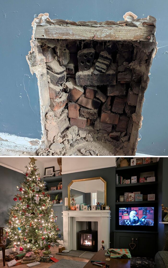 A stunning living room renovation with a fireplace and Christmas tree, showcasing homeowners amazing things.