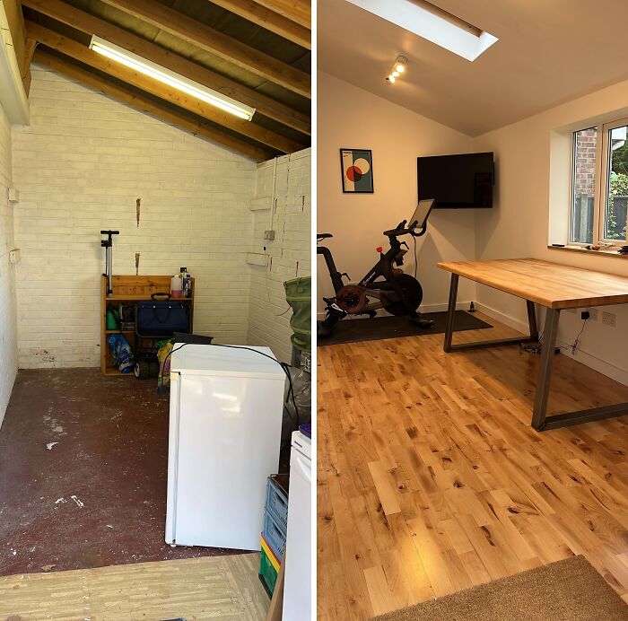 Before-and-after of a garage transformed into a bright modern space, amazing home renovations by homeowners.