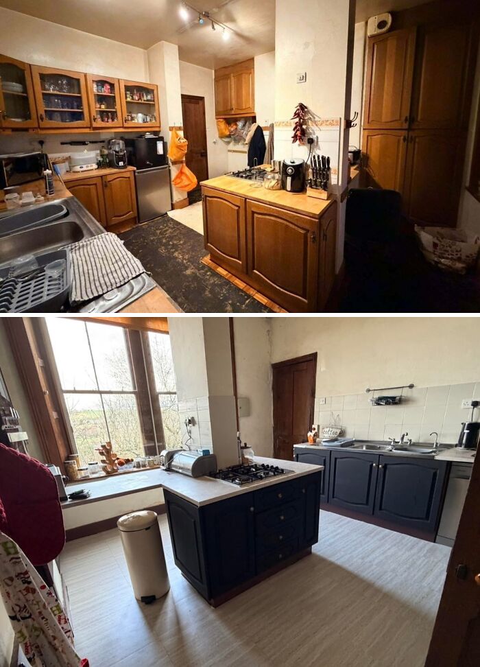 Before and after home renovation of a kitchen, showcasing a brighter, more open space with a central island.