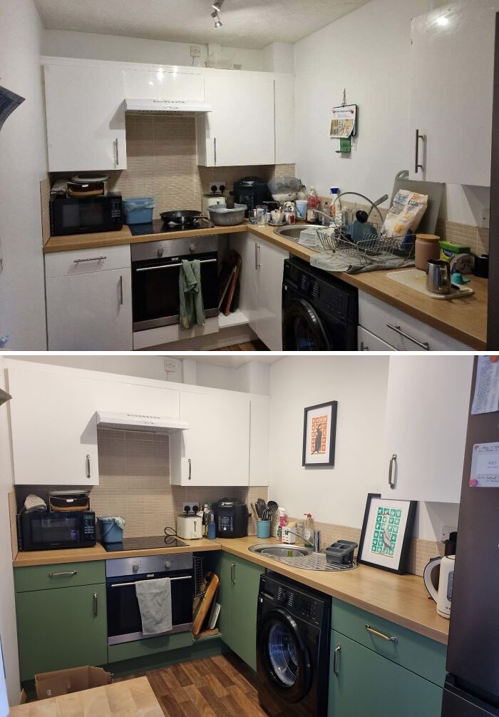 Before and after shot of a kitchen renovation, transforming it from cluttered to a sleek, modern space.