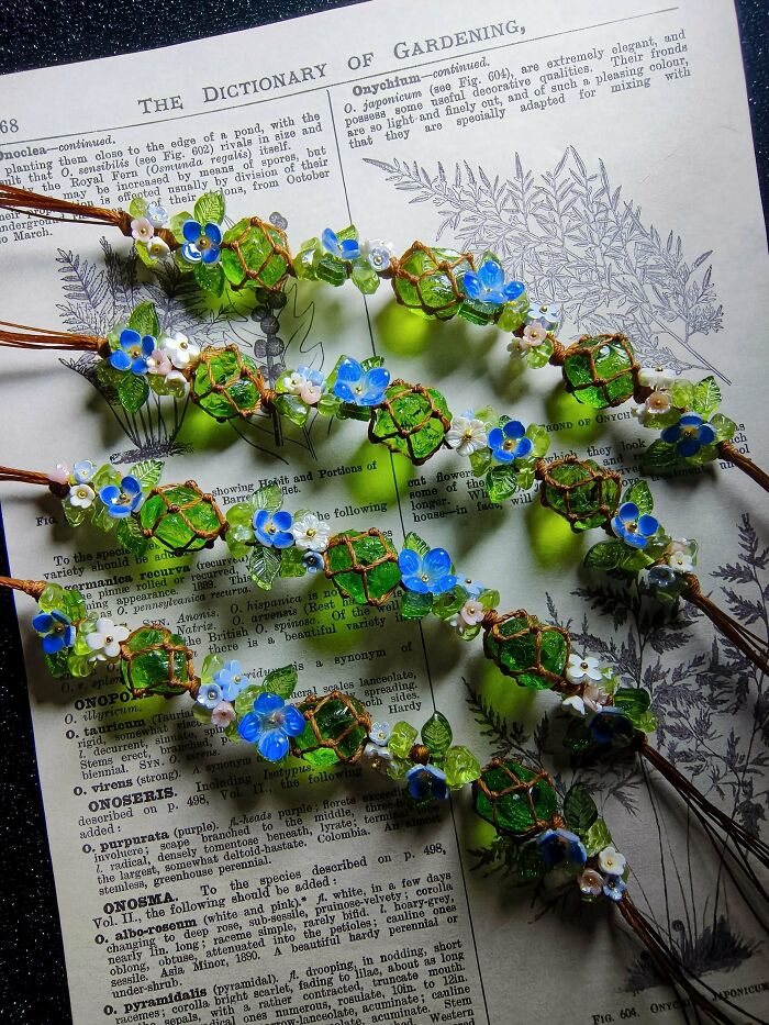 Several stunning handmade projects featuring green and blue beaded floral designs on vintage paper background.