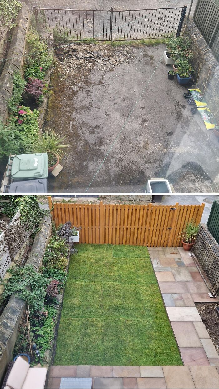 Garden renovation before and after, showing a barren yard transformed into a lush green lawn with a new patio.