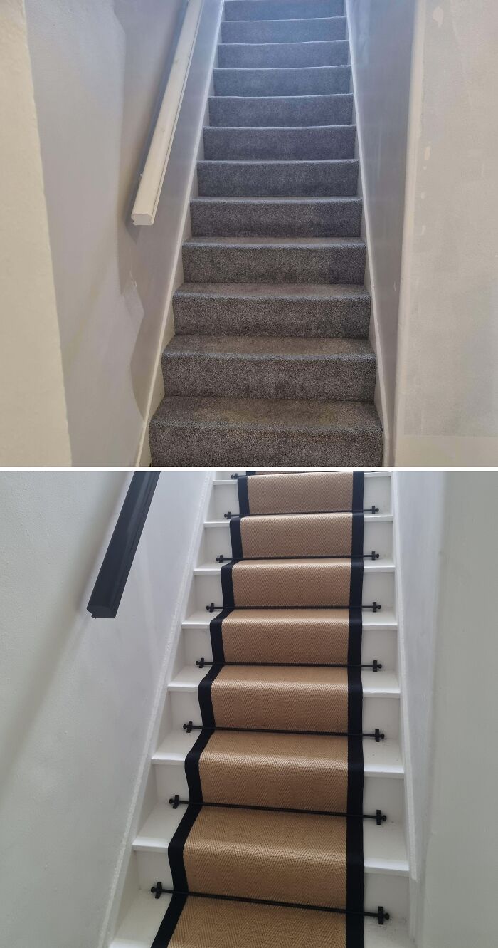 Staircase renovation from carpeted stairs to elegant wood steps with a stylish runner, enhancing home interiors.