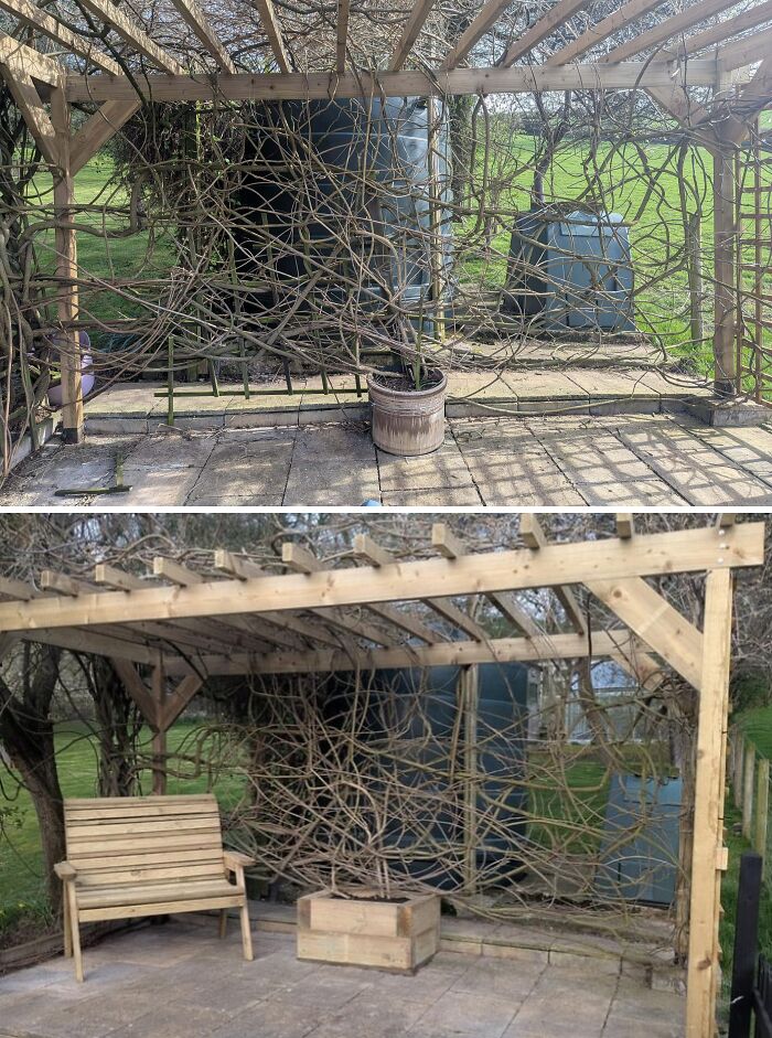 Before and after image of a garden area with a wooden pergola and new seating after home renovation.