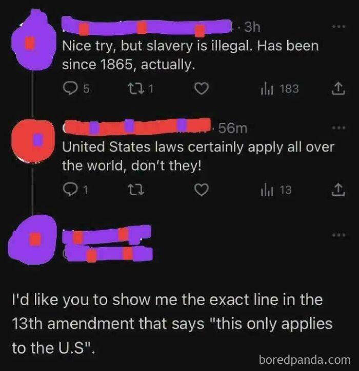Screenshot of online discussion showing cringe and hilarious moments of people being wrong about slavery laws.