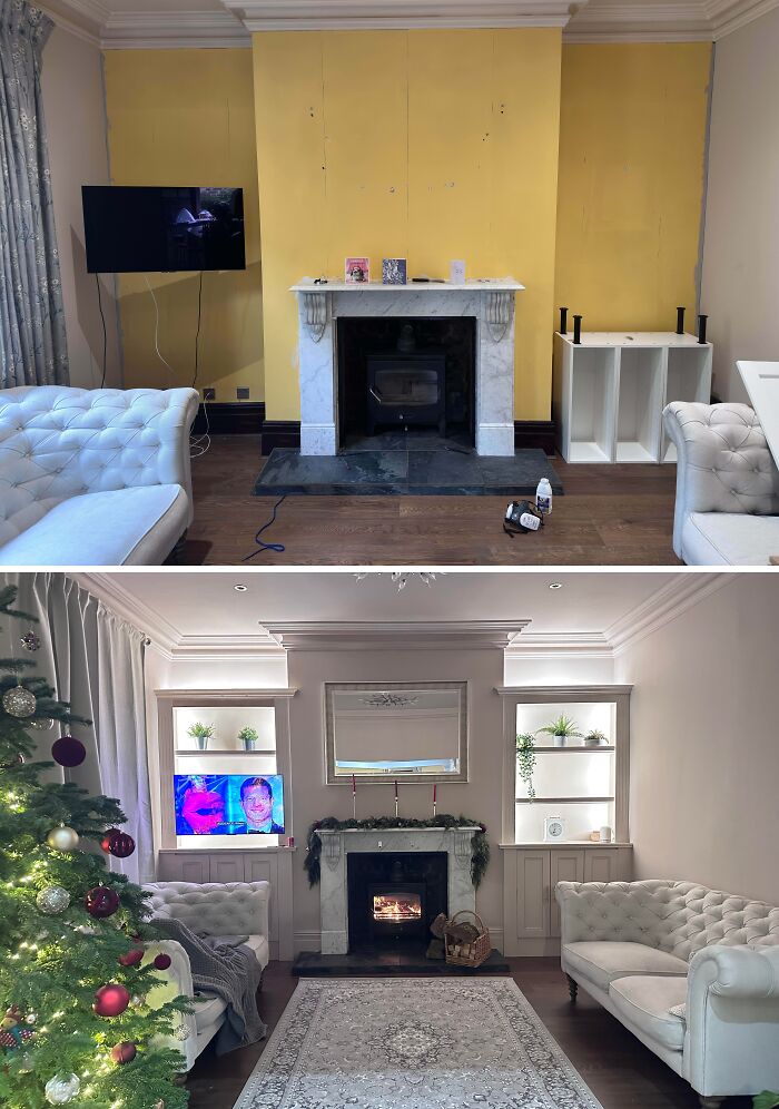 Before and after image of a living room fireplace and built-in shelves, showcasing a stunning home renovation.