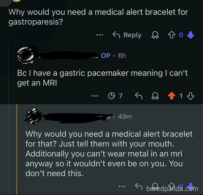 Cringe moment of people being wrong, where someone questions medical alert bracelets despite a gastric pacemaker.