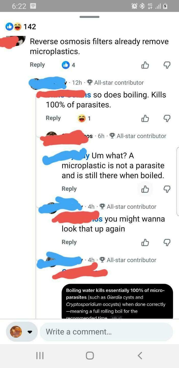 Hilarious moment of people being wrong, discussing microplastics and parasites in water filters and boiling.