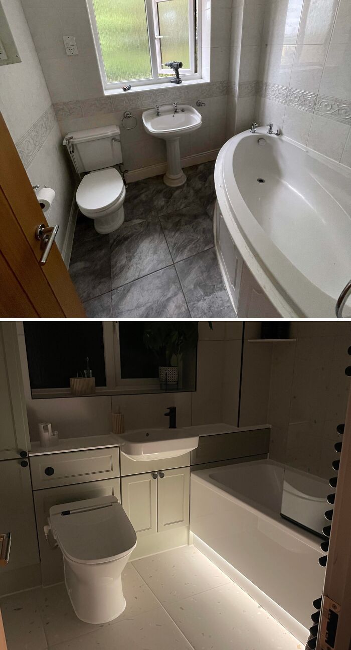 Bathroom renovation transforming an old space with a pedestal sink and tub into a modern, illuminated vanity and bath.