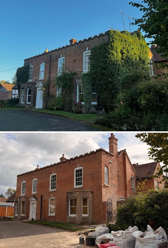 Before-and-after of a brick home renovation with ivy removed, showcasing a clean, refreshed exterior.