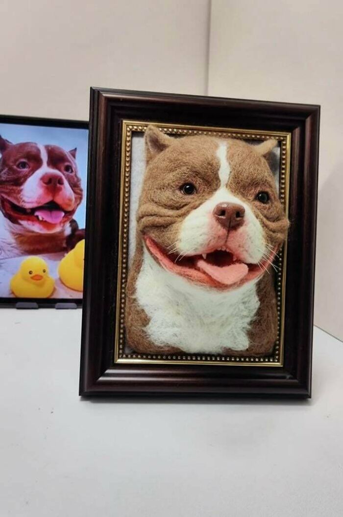 A handmade project featuring a 3D felt art portrait of a happy brown and white dog in a frame.