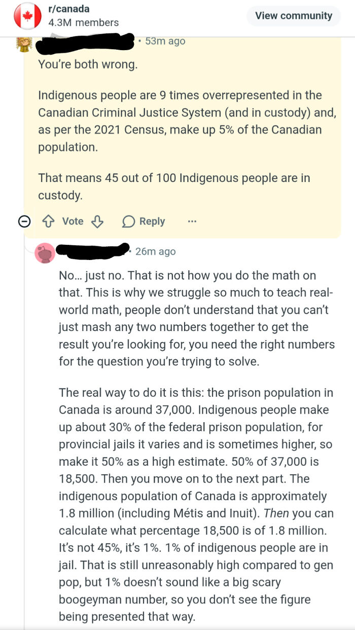 A Reddit comment correcting a user's math about Indigenous people in the Canadian criminal justice system, highlighting people being wrong.