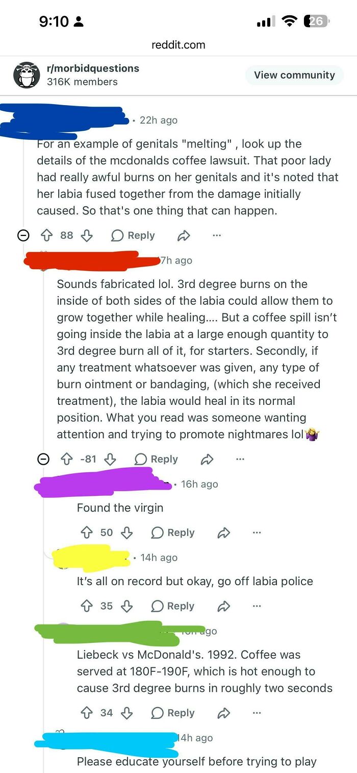 A Reddit discussion about labia melting from coffee, featuring cringe moments of people being wrong with full confidence.