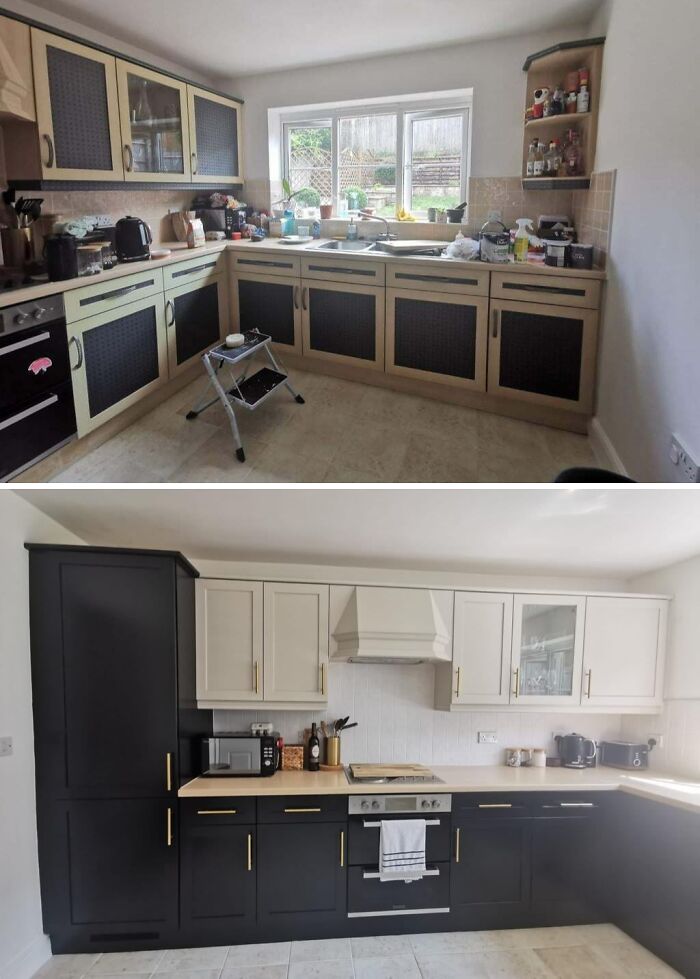 Before and after image of a kitchen transformation, showing updated cabinets and a modern layout after home renovation.
