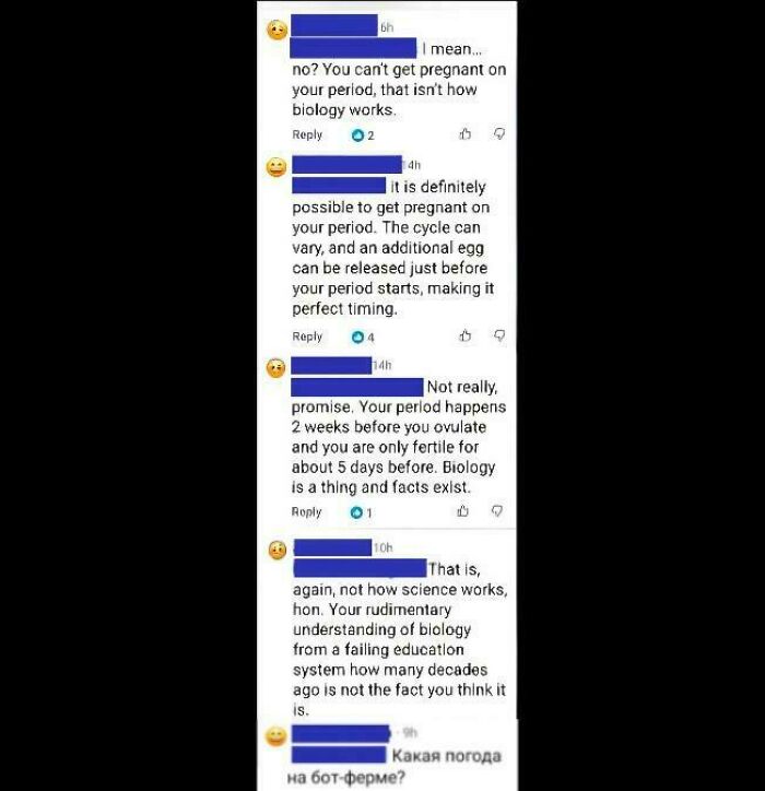 A Reddit conversation where users confidently discuss whether one can get pregnant on their period, showcasing people being wrong.