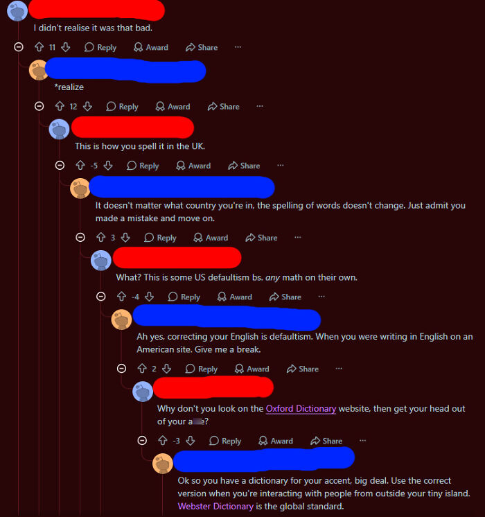 A Reddit thread debating the spelling of 'realize' vs. 'realise,' illustrating hilarious moments of people being wrong.