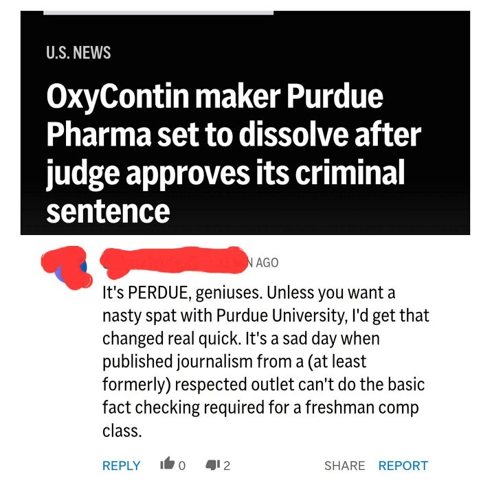 A Reddit comment pointing out a news headline mistake about Purdue Pharma instead of Purdue University, showing people being wrong.