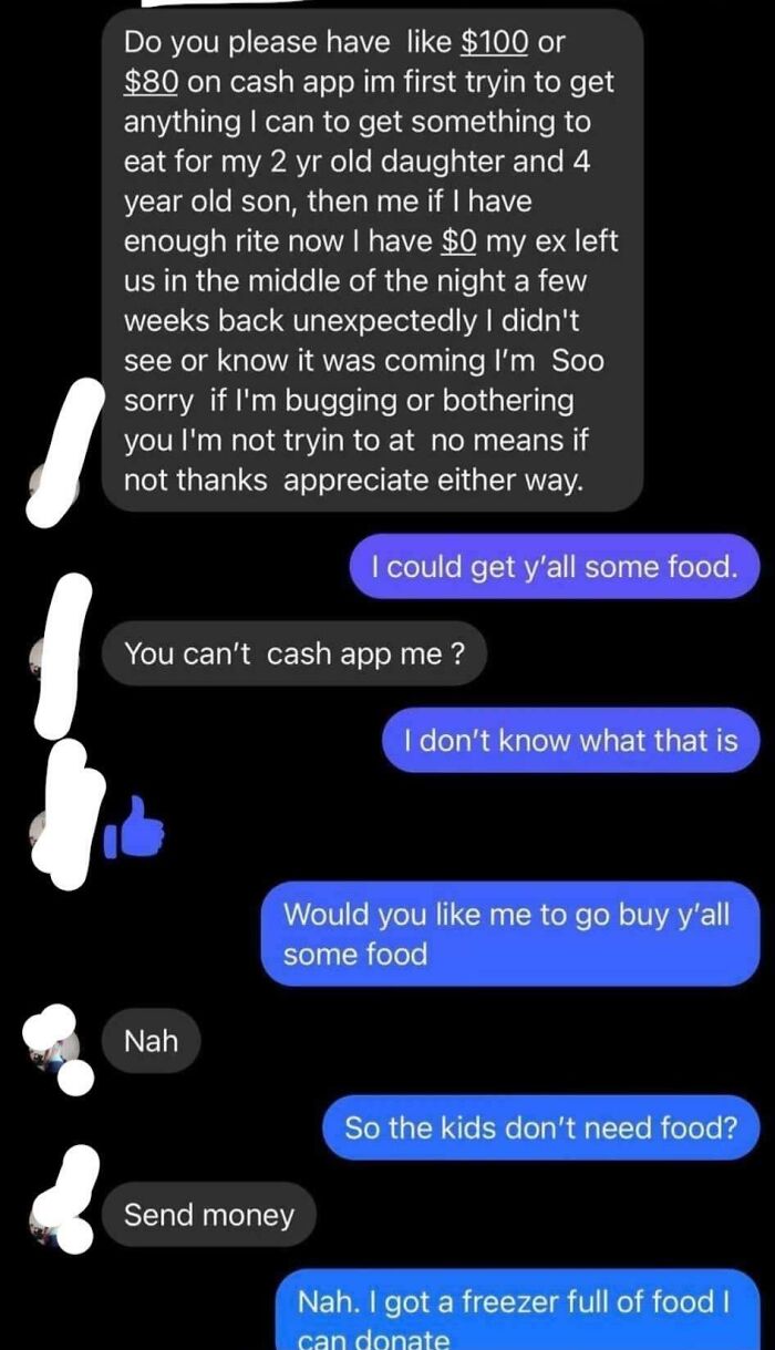 A text conversation showing outrageous requests for money instead of offered food for children.
