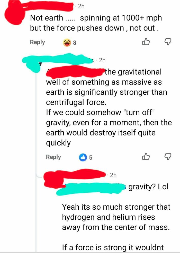 A cringe moment where someone is confidently wrong about earth's rotation and gravity.