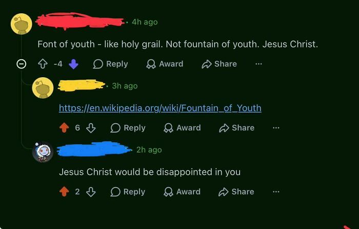 An online discussion about the 'fountain of youth,' with someone confidently correcting a term, depicting people being wrong.