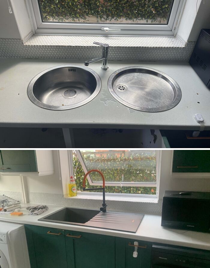 Before and after shot of a renovated kitchen sink, showcasing home renovation.