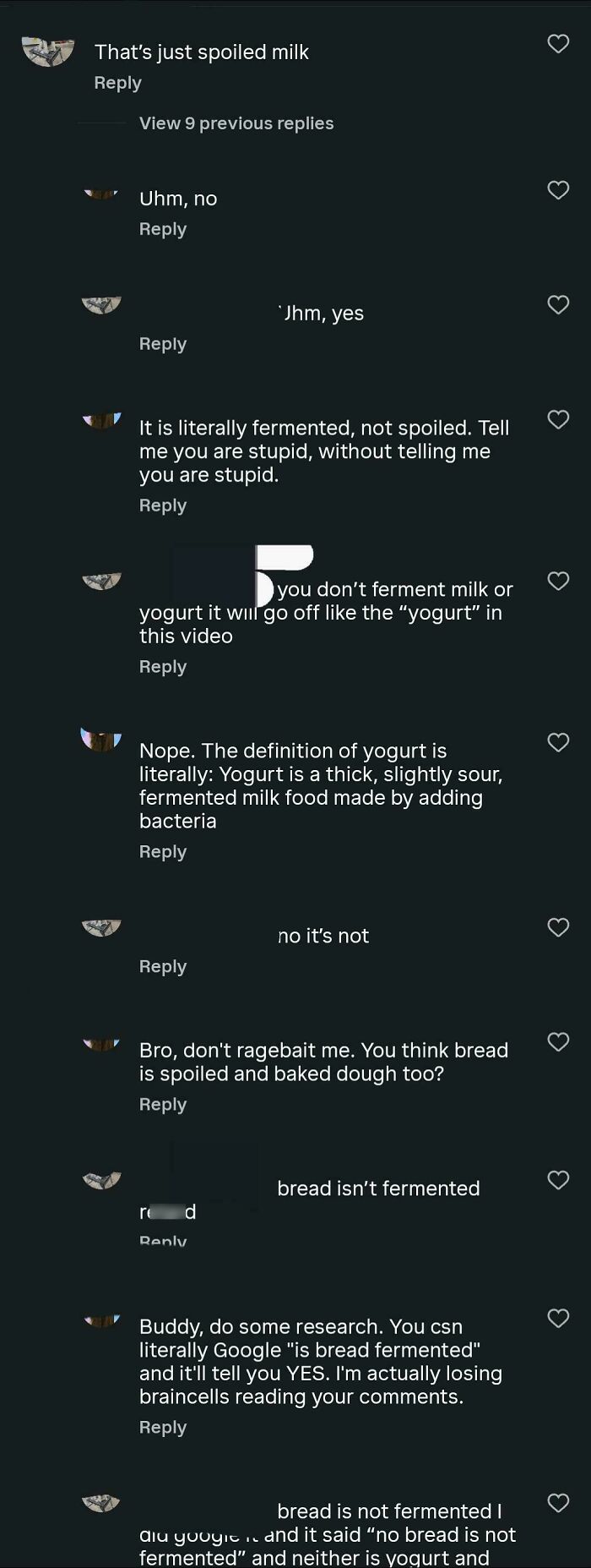 An online argument about whether milk can be fermented, highlighting people being wrong with full confidence.